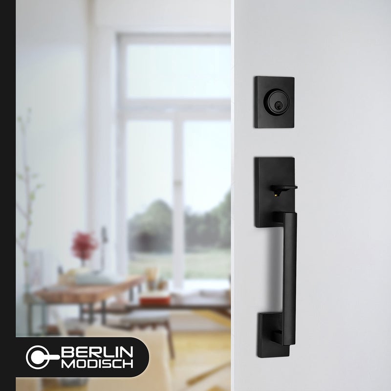 Berlin Modisch HandleSet Front Door Entry Handle and Deadbolt Lock Set Slim Square Single Cylinder Deadbolt and Lever Reversible for Right & Left Sided Doors Heavy Duty â€“ Iron Black Finish - Image 3